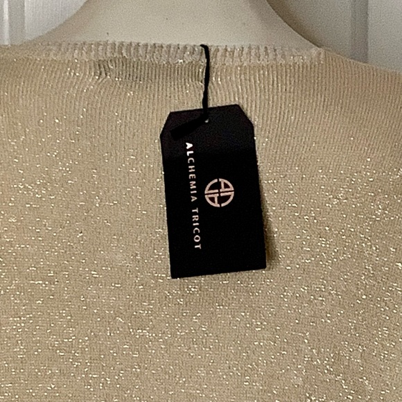 Alchemia Tricot gold shimmer Maxi sweater dress, elegant metallic knit V-neck - Picture 4 of 12